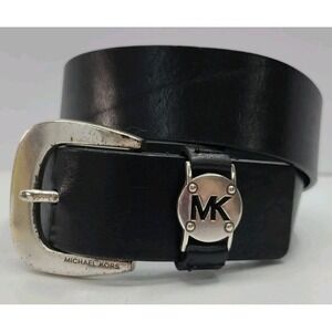 Michael Kors Black Calfskin Leather Belt Silver Buckle Logo keeper Sz 36